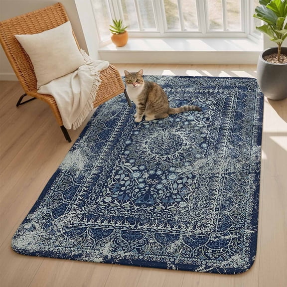 Dark Blue Area Rugs for Living Room 5x6, Medieval Ethnic Turkish Retro Washable Area Rug with Non Slip Backing, Stain Resist Linen Carpet for Bedroom, Dining Room, Entryway, Entrance