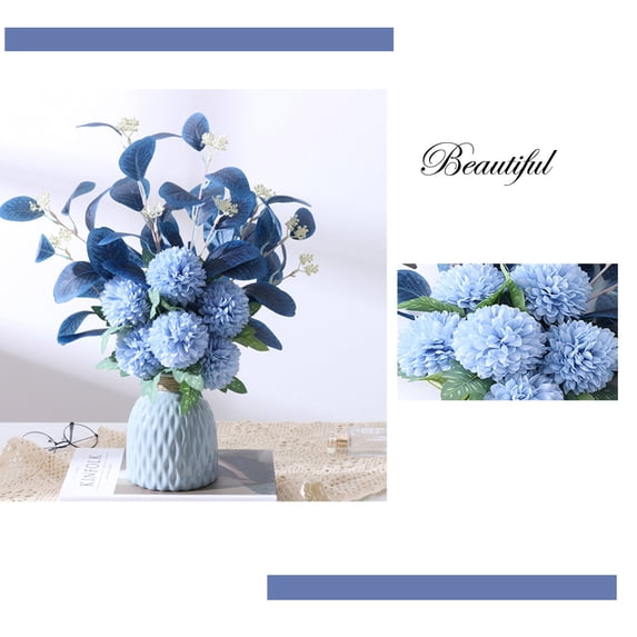 Dark Blue Artificial Chrysanthemum Silk Flowers, 1pc, 12" Round Bouquet for Home Decor, Vase, Table Centerpieces(6 Heads Spherical Chrysanthemum)