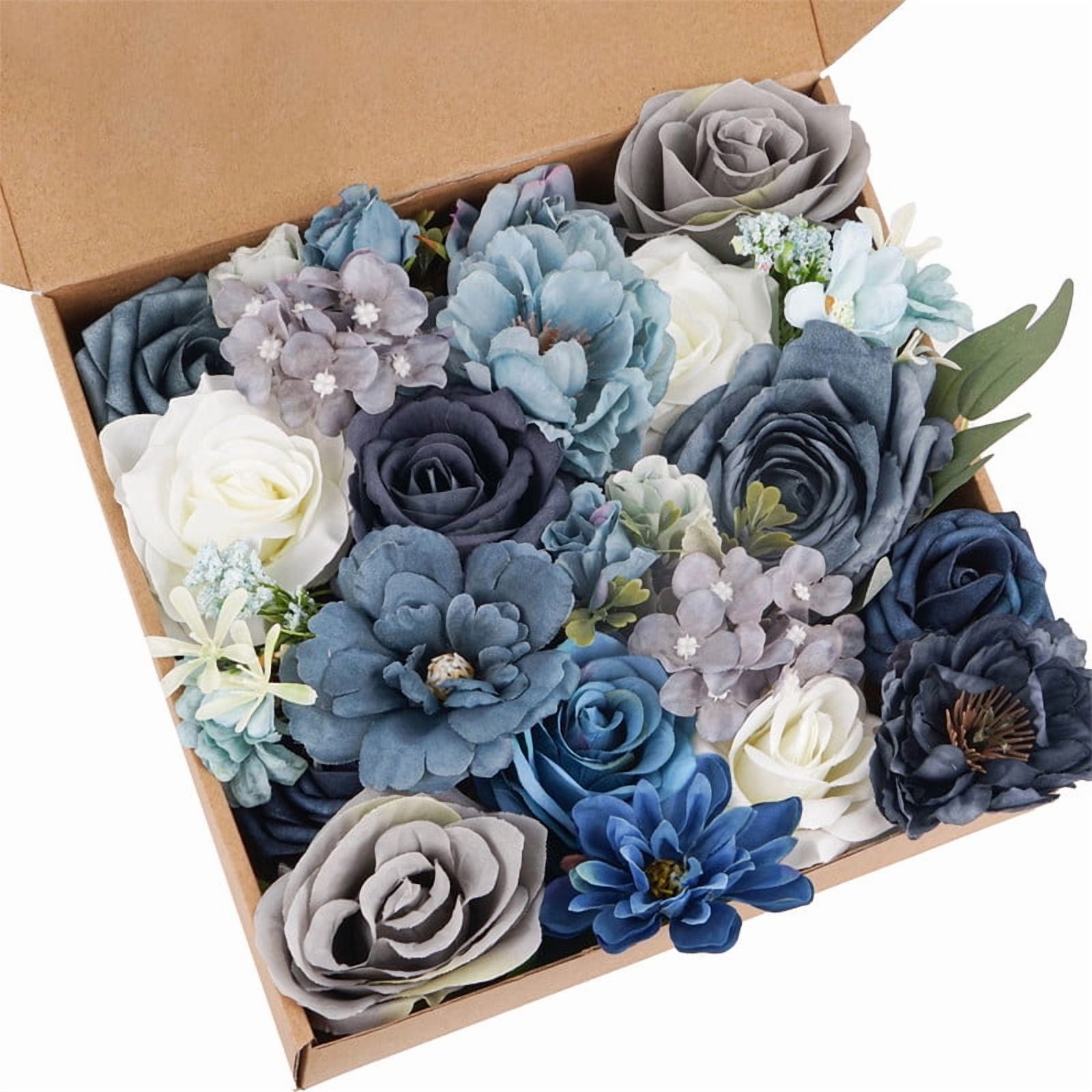 Dark Blue Artificial Flowers, Fake Rose Cream Flowers Combo Box Set Faux Flower Arrangements Table Centerpieces Wedding Bouquets Bridal Shower Party Home Decor Cake Decorations