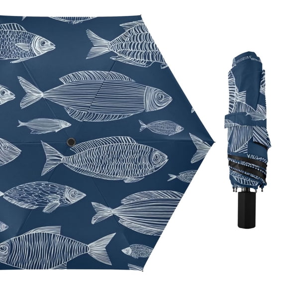 Dark Blue Background Hand Painted Fishes All Weather Umbrella Triple Folding Parasol 6 Ribs UV Protection Portable