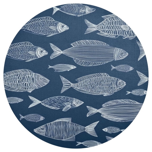 Dark Blue Background Hand Painted Fishes PVC Round Grid Placemat Table Mat 1 Pc 15.4" x 15.4"