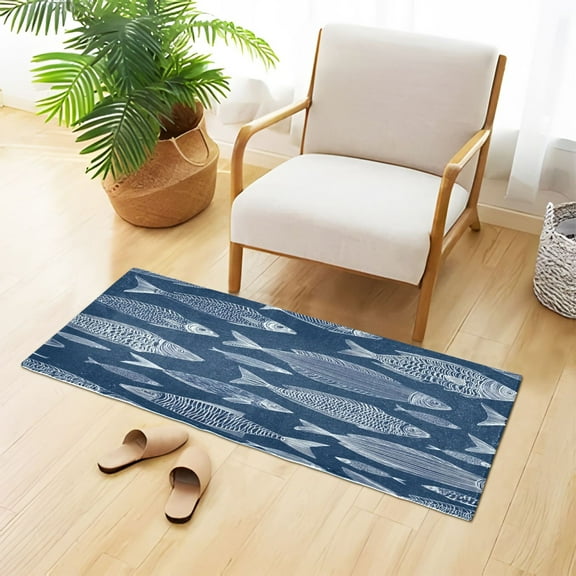 Dark Blue Background Hand Painted Fishes Plush Carpet Non Slip Runner Rug Absorbent Bath Mat 39" x 20"