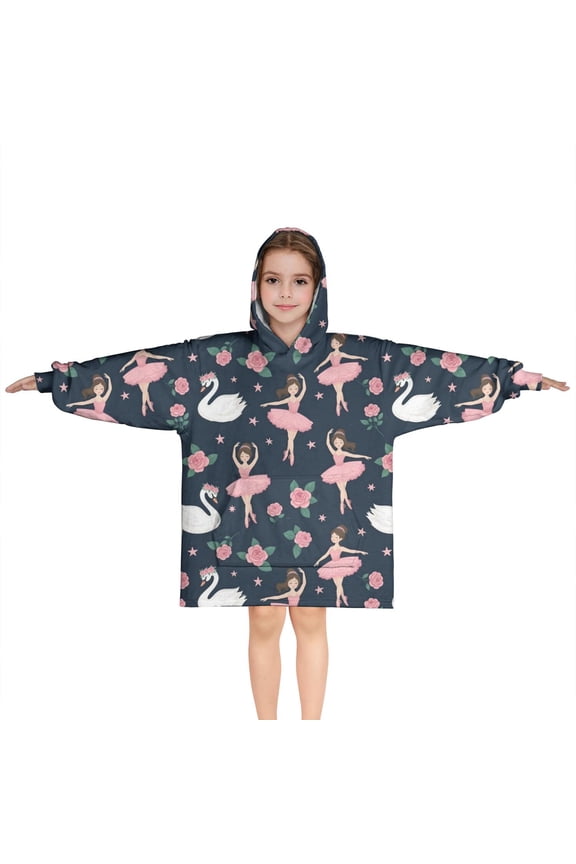 Dark Blue Ballerina Swan Pattern Blanket Hoodies for Kids 6-13YR Oversize Wearable Blanket Hoodies for Boys Girls Teens