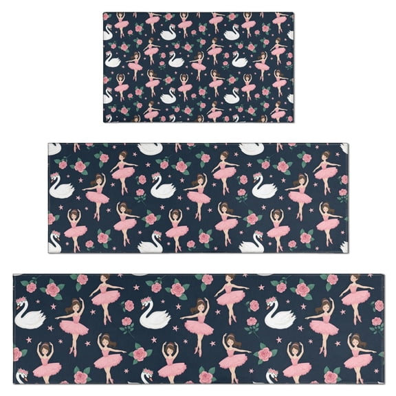 Dark Blue Ballerina Swan Pattern Kitchen Rugs Sets Of 3,Kitchen Runner Rugs Non Skid Washable,Decorative Kitchen Floor Mats for Kitchen,Sink,Laundry,17"x30"+ 17"x47" + 17"x59"