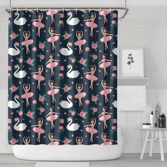Dark Blue Ballerina Swan Pattern Shower Curtain 84"x72" ,Bathroom Decorative Shower Curtains Set with 12 Hooks,Modern Waterproof Washable Shower Curtain