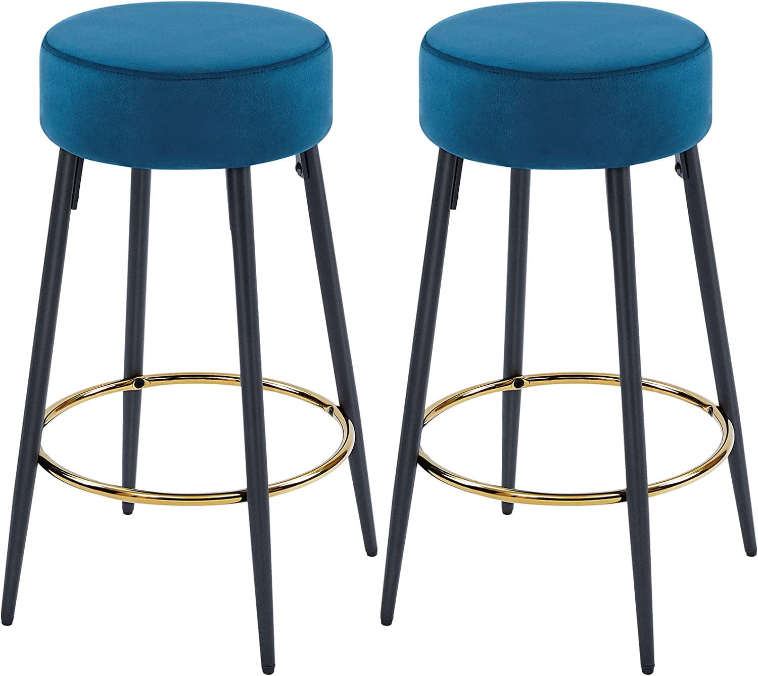 Dark Blue Bar Stools Set of 2 Modern Round Velvet Bar Stools Counter ...