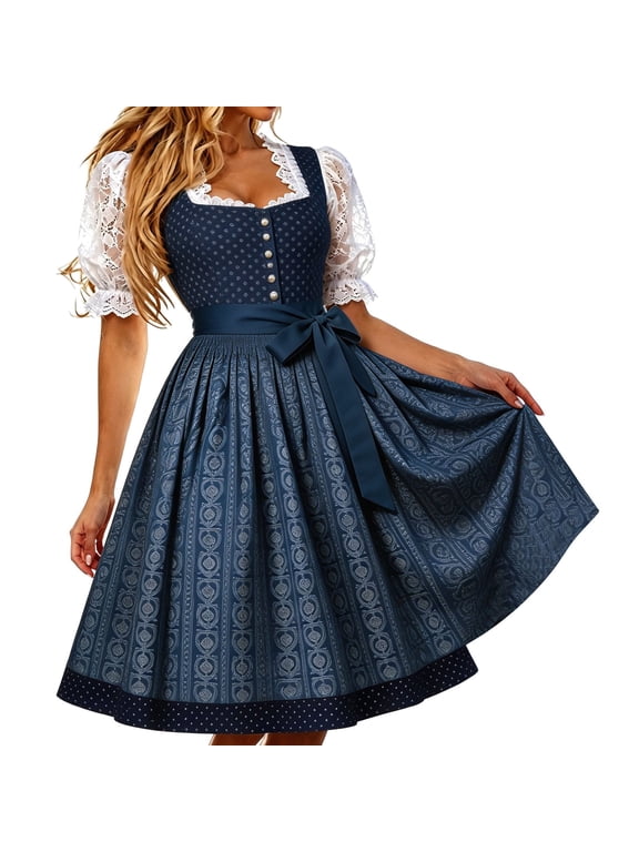 Dark Blue Bavarian Dirndl for Women, Oktoberfest Dress with Lace and Gathered Apron Skirt
