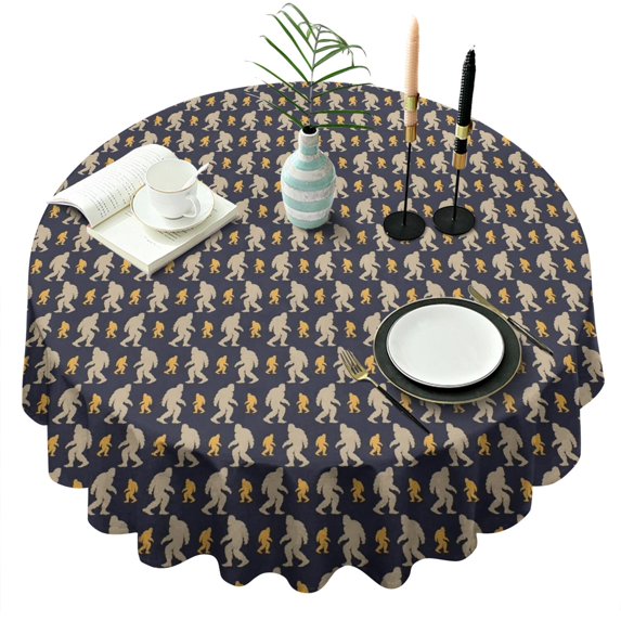 Dark Blue Bigfoot Pattern Round Tablecloth 60"x60",Wrinkle Wipeable Table Cloth for Kitchen Dining Room Picnic Patio Party