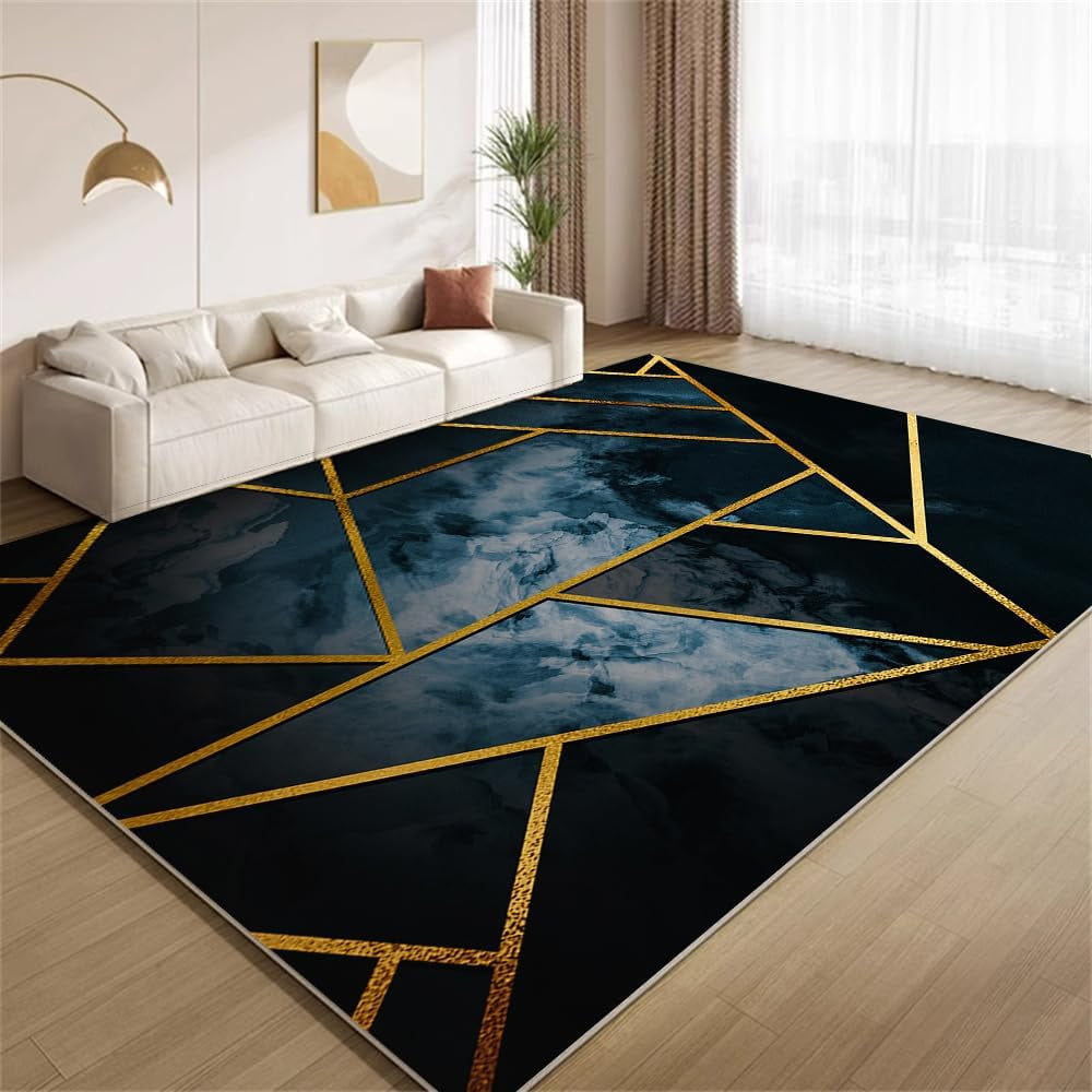 Dark Blue Black Marble Area Rugs 5x8ft Rug Geometric Gold Line Texture