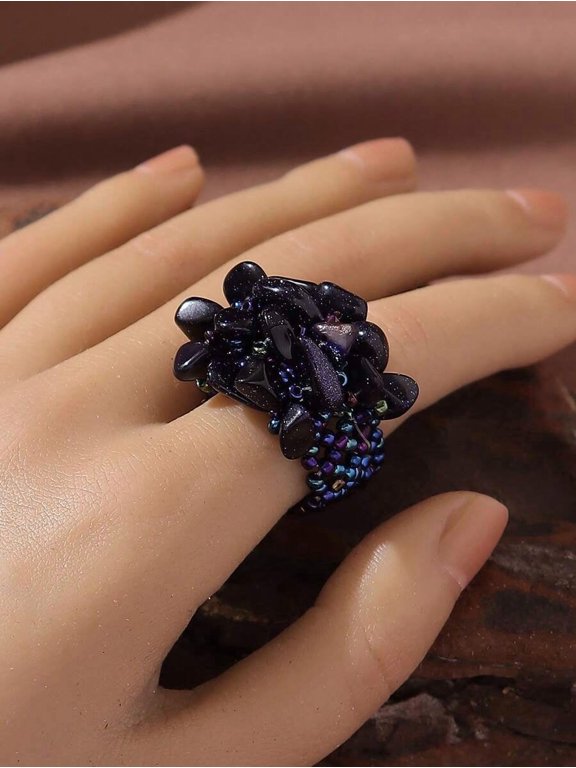 Dark Blue Bohemian Cluster Ring With Beaded Braided Band And Natural Dark Blue Stones For Women