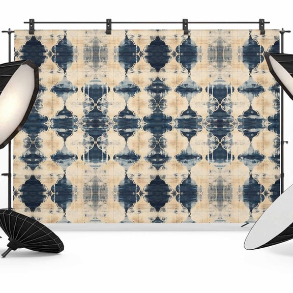 Dark Blue Boho Backdrop for Photoshoot,Photography Photo Studio Background Wall Backdrop,Vintage Shabby Chic Abstract Motifs Back Drop Banner Panel for Portraits Wedding Party Live Streaming 12x8Ft