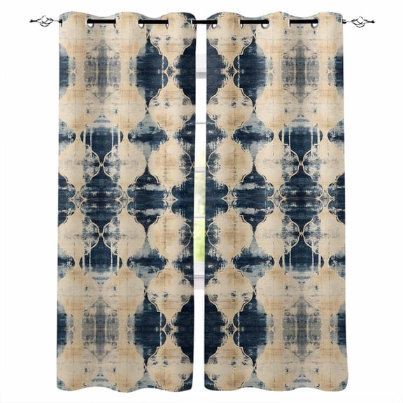 Dark Blue Boho Blackout Curtains for Bedroom Living Room Darkening Curtains 54 Inch Long Vintage Shabby Chic Abstract Motifs Short Curtain for Small Window Treatment Grommet Drapes 52"x54"x2