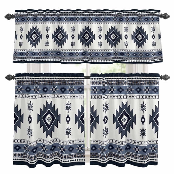 Dark Blue Boho Kitchen Curtains Sets for Windows 24 Inch Length, Farmhouse Neutral Abstract Geometric Rod Pocket Window Treatments Tier Curtains and Valances Set for Bedroom/Bathroom