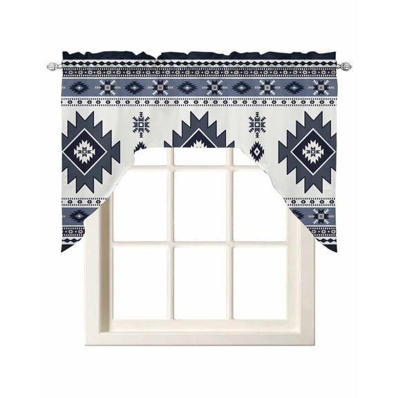 Dark Blue Boho Kitchen Curtains Swag Valance for Windows/Bathroom/Cafe, Farmhouse Neutral Abstract Geometric Rod Pocket Drape Panel Swag Curtain Valance for Bedroom/Living Room 55''x36''