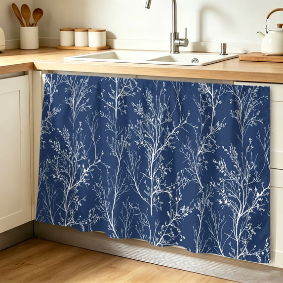 Dark Blue Botanical Cabinet Curtain 28"W x 51"L, Vintage Floral Plants Branch Dust-Proof Privacy Curtain for Closet Shelves Self Adhesive, Sink Skirt for Bathroom Vanity Kitchen Laundry Room