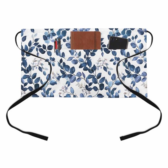 Dark Blue Botanical Kitchen Restaurant Half Waist Apron, Spring Eucalyptus Leaf Greenery Farmhouse Server Short Apron with 3 Pockets Waterproof Oil Waist Aprons for Women Waitress Waiter