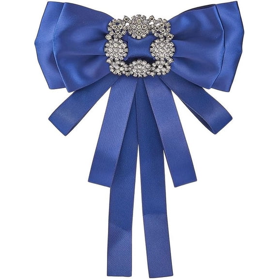 Dark Blue Bowknot Brooch with Glass Rhinestone Elegant Tie Ribbon Brooch Women Men Collar Neck Clips Jewelry Tie Decorations for Wedding Festival Party 220mm Long for DIY