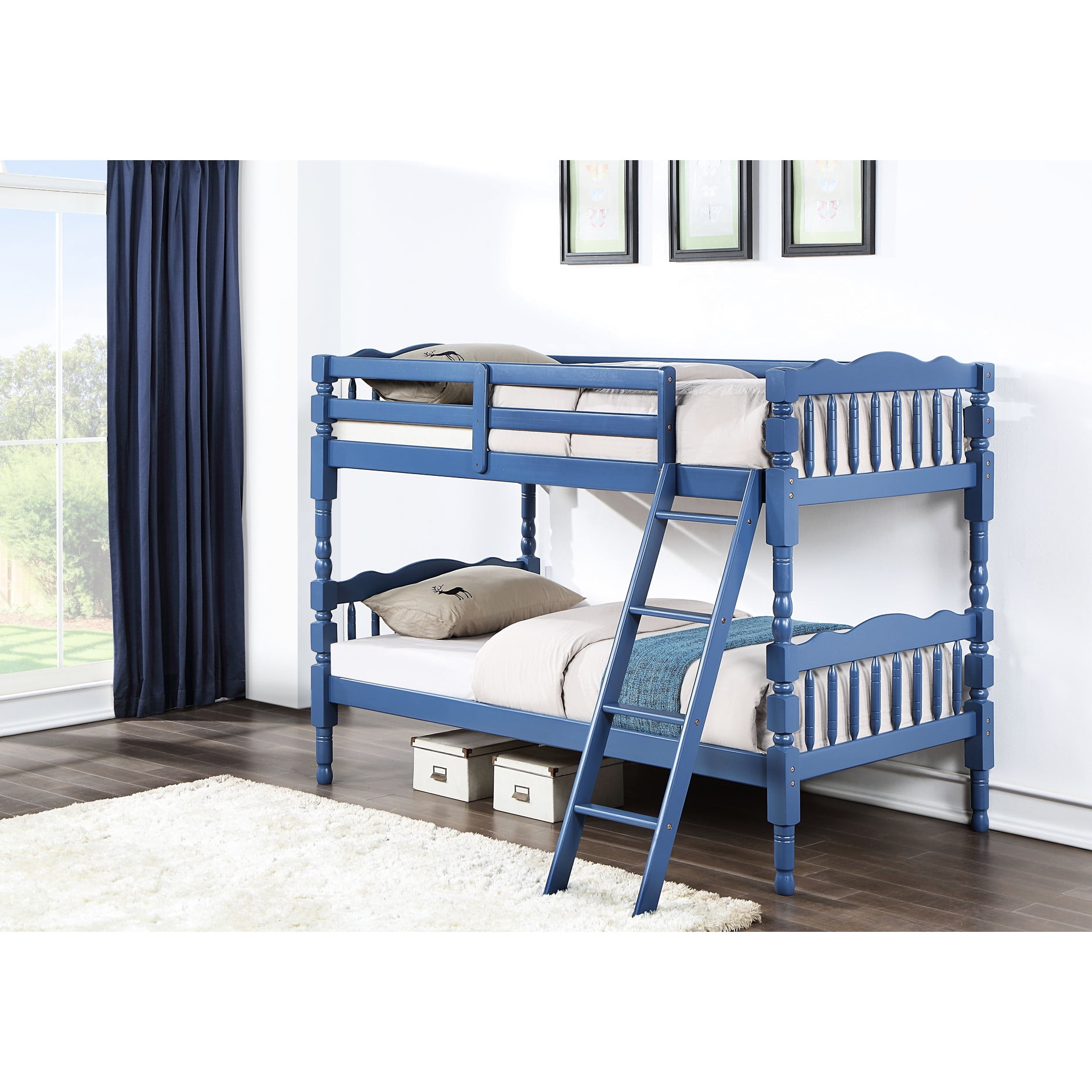 Dark Blue Bunk Bed For Twins - Convertible Choice, Slat Frame, Rf Front ...