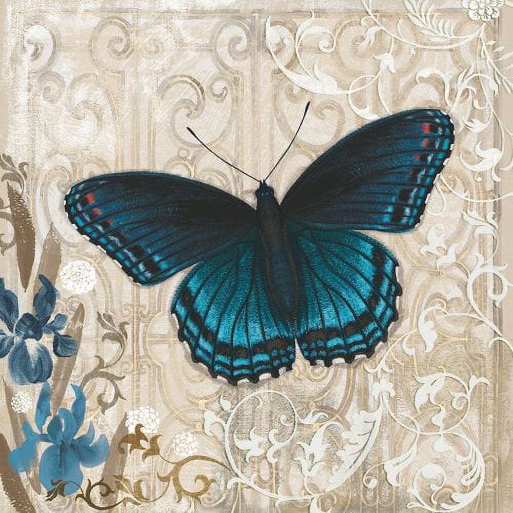 Dark Blue Butterfly Canvas Print with Beige Floral Background