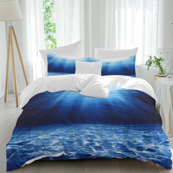 Dark Blue California King Duvet Cover Set, Ocean Water Sunlight Shines into The Sea 4 Piece Microfiber Bedding Set with Zipper Closure, Bed Sheet and 2 Pillow Shams, Soft Bedding Cover