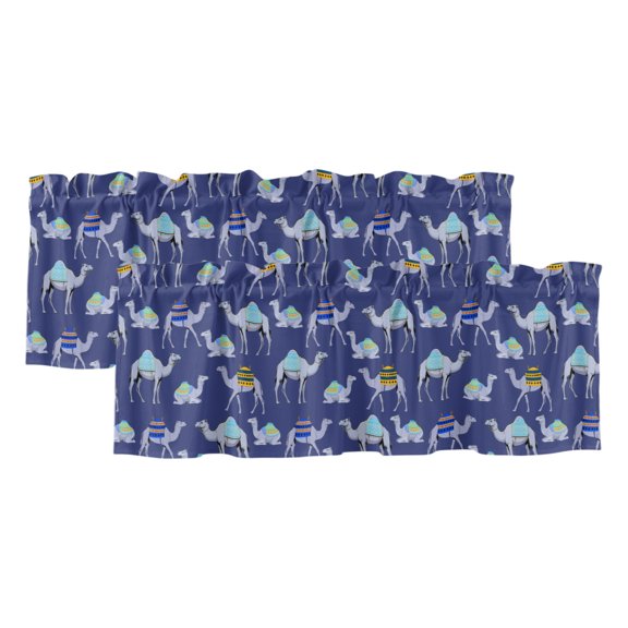 Dark Blue Camel 2 Panels Kitchen Valance, Exotic Cute Cartoon Camels Wild Animal Desert Landscape Curtains Valances for Small Windows Rod Pocket Window Treatments for Living Bedroom 42" W x 12" L