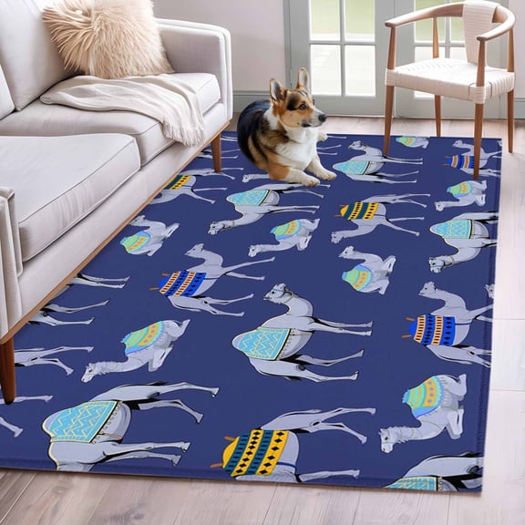 Dark Blue Camel Area Rugs 4x6 ft Exotic Cute Cartoon Camels Wild Animal Desert Landscape Washable Rug Non Slip Indoor Carpet Absorbent Floor Mat for Living Room Bedroom Dining Room