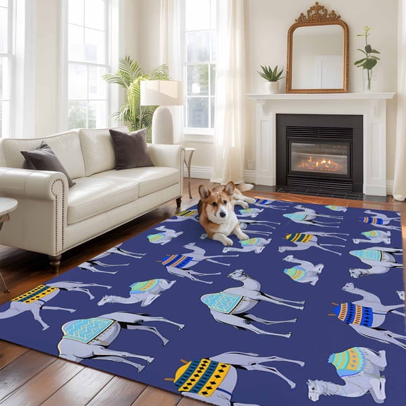 Dark Blue Camel Area Rugs 5x7 ft Exotic Cute Cartoon Camels Wild Animal Desert Landscape Washable Rug Non Slip Indoor Carpet Absorbent Floor Mat for Living Room Bedroom Dining Room