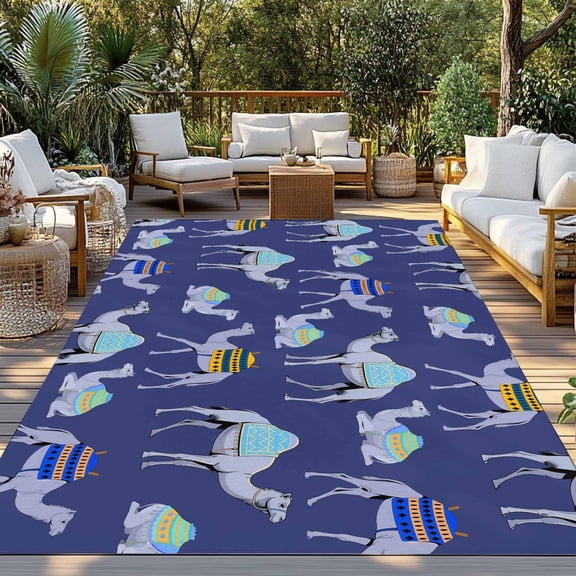 Dark Blue Camel Indoor Outdoor Rugs 5x8 Ft, Exotic Cute Cartoon Camels Wild Animal Desert Landscape Outdoor Patio Rugs Mat Washable Outside Area Rugs Carpet for Porch Deck RV Camping Pool Balcony