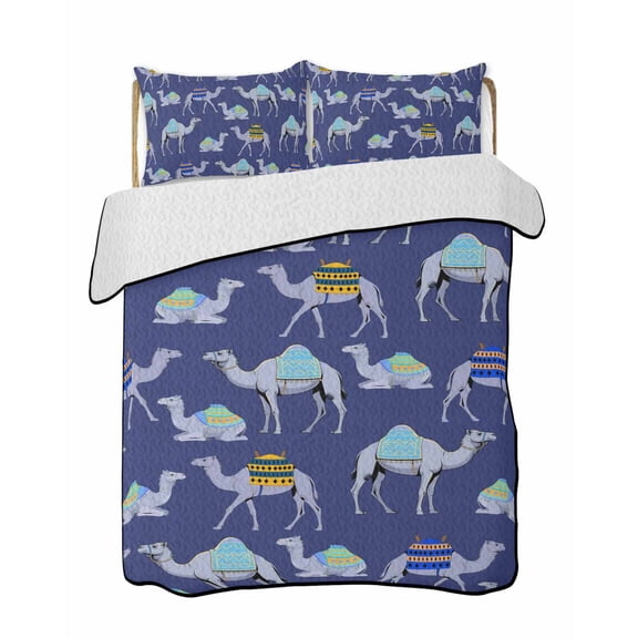Dark Blue Camel Quilts Bedding Set King Size Exotic Cute Cartoon Camels Wild Animal Desert Landscape Lightweight Quilted Bedspread 3 Piece Bed Quilt with 2 Pillow Shams for Bedroom 90" x 96"