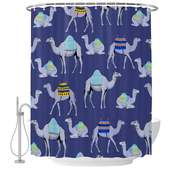 Dark Blue Camel Shower Curtain for Bathroom, Exotic Cute Cartoon Camels Wild Animal Desert Landscape Waterproof Cloth Fabric Bathroom Accessories Set with 12 Rust Proof Plastic Hooks, 72"x72"