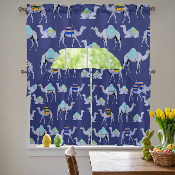 Dark Blue Camel Swag Curtains Valance & Tier Set, Exotic Cute Cartoon Camels Wild Animal Desert Landscape 3 Pcs Set Kitchen Swag Valances & Tiers 24 Inch Length Rod Pocket Curtain Drapes for Bedroom