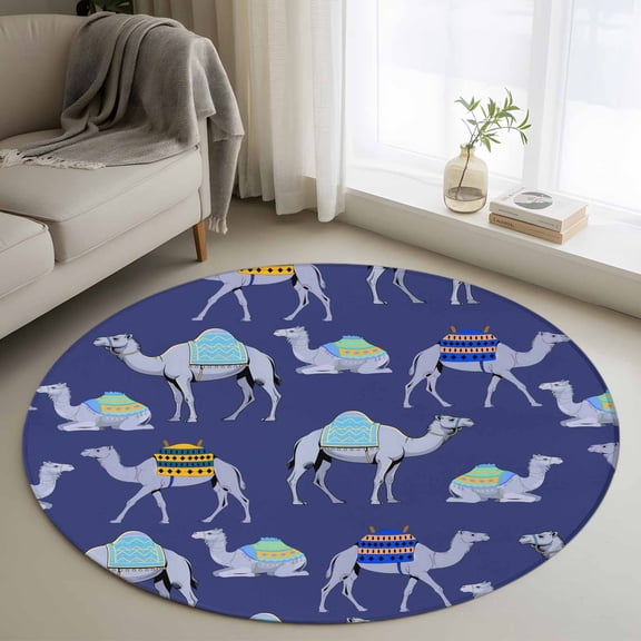 Dark Blue Camels 3ft Area Rug, Modern Watercolor Cute Funny Animals Washable Non-Slip Small Round Rugs for Entryway Bedroom Kitchen, Soft Circle Carpet for Dining Room, Playroom Nursery Rug