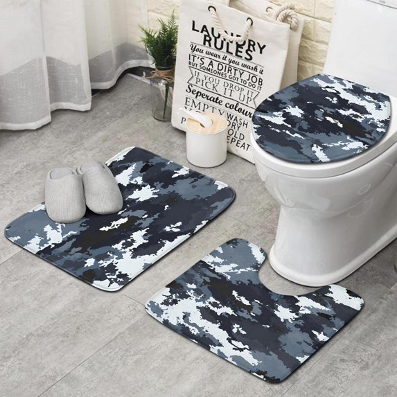 Dark Blue Camo Irregular Pattern Bathroom Rugs Sets 3 Piece,Toilet Cover Set,Absorbent Non Slip Bathroom Mats Sets with U-Shaped Contour Rug Toilet Rug Set