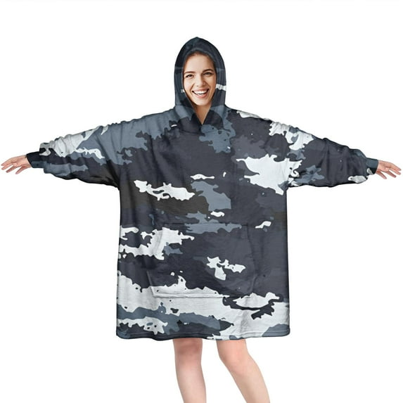 Dark Blue Camo Irregular Pattern Wearable Oversized Blanket,Wearable Blanket Hoodie for Adults,Cozy Hooded Blankets with Super Pockets,Super Warm Fuzzy Pullover for Women & Men