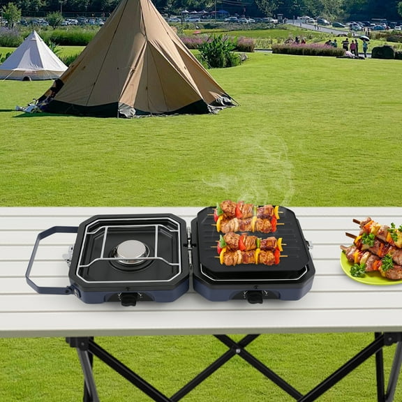 Dark Blue Camping Stove with Grill Pan Foldable Camp Stove 2-Burners Portable Stove for Camping, BBQ
