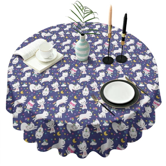 Dark Blue Cartoon Cat Unicorn Pattern Round Tablecloth 60"x60",Wrinkle Wipeable Table Cloth for Kitchen Dining Room Picnic Patio Party