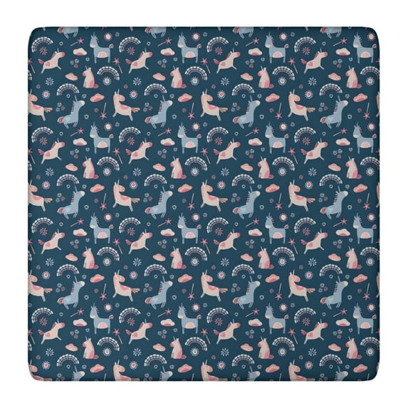 Dark Blue Cartoon Horse Rainbow Pattern Square Fitted Tablecloth with Elastic Edge,Square Table Cover,Washable Elastic Table Cover for Home Kitchen Party Decor 36"x36"