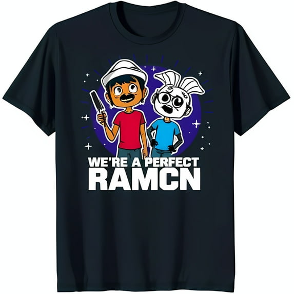 Dark Blue Cartoon T-Shirt with Boy and Rabbit in 'We' a RAMCN' Design