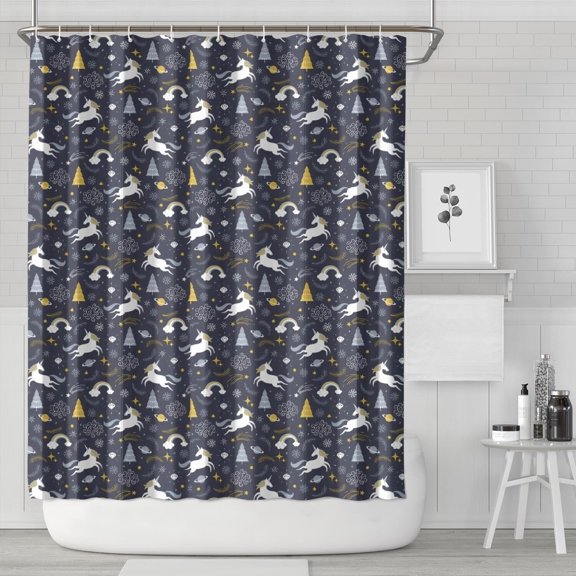 Dark Blue Cartoon Unicorn Christmas Pattern Shower Curtain 84"x72" ,Bathroom Decorative Shower Curtains Set with 12 Hooks,Modern Waterproof Washable Shower Curtain