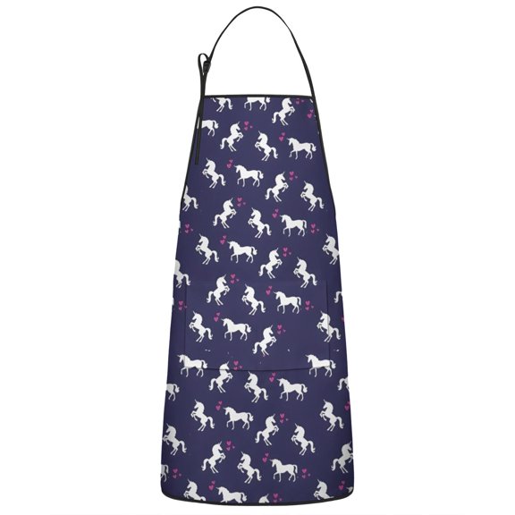 Dark Blue Cartoon Unicorn Heart Pattern Apron-Garden Aprons for Women with Pockets-Cotton Linen Waterproof Kitchen Cooking Gardening Aprons Adjustable for Kitchen,Cooking,BBQ and Salon 33x27 Inch