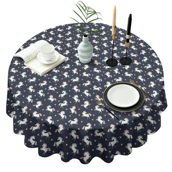 Dark Blue Cartoon Unicorn Heart Pattern Round Tablecloth 60"x60",Wrinkle Wipeable Table Cloth for Kitchen Dining Room Picnic Patio Party