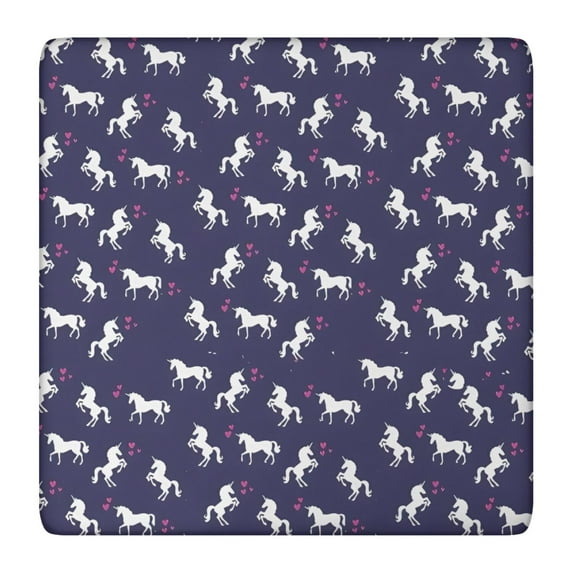 Dark Blue Cartoon Unicorn Heart Pattern Square Fitted Tablecloth with Elastic Edge,Square Table Cover,Washable Elastic Table Cover for Home Kitchen Party Decor 36"x36"