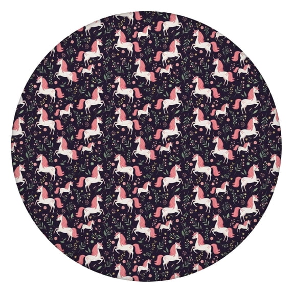 Dark Blue Cartoon Unicorn Leaf Flower Pattern Round Fitted Tablecloth with Elastic Edge,Dining Table Cover Waterproof,Outdoor Round Tablecloth for Camping,Dining,Indoor and Outdoor