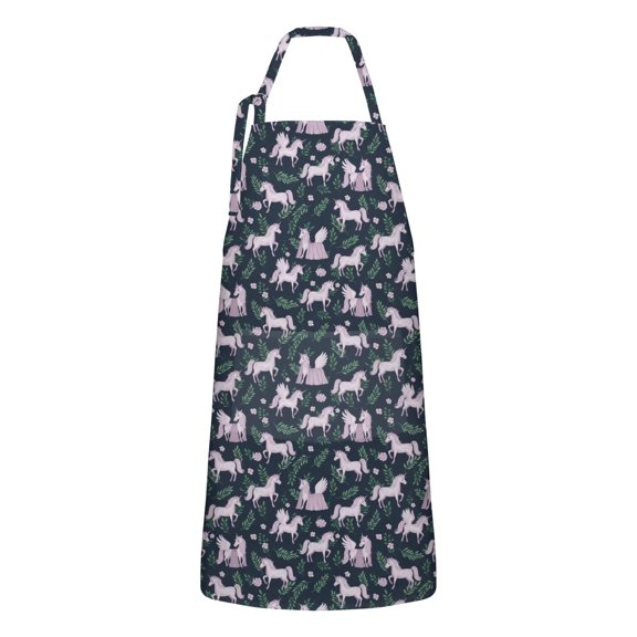 Dark Blue Cartoon Unicorn Leaf Pattern Apron-Garden Aprons for Women with Pockets-Cotton Linen Waterproof Kitchen Cooking Gardening Aprons Adjustable for Kitchen,Cooking,BBQ and Salon 33x27 Inch