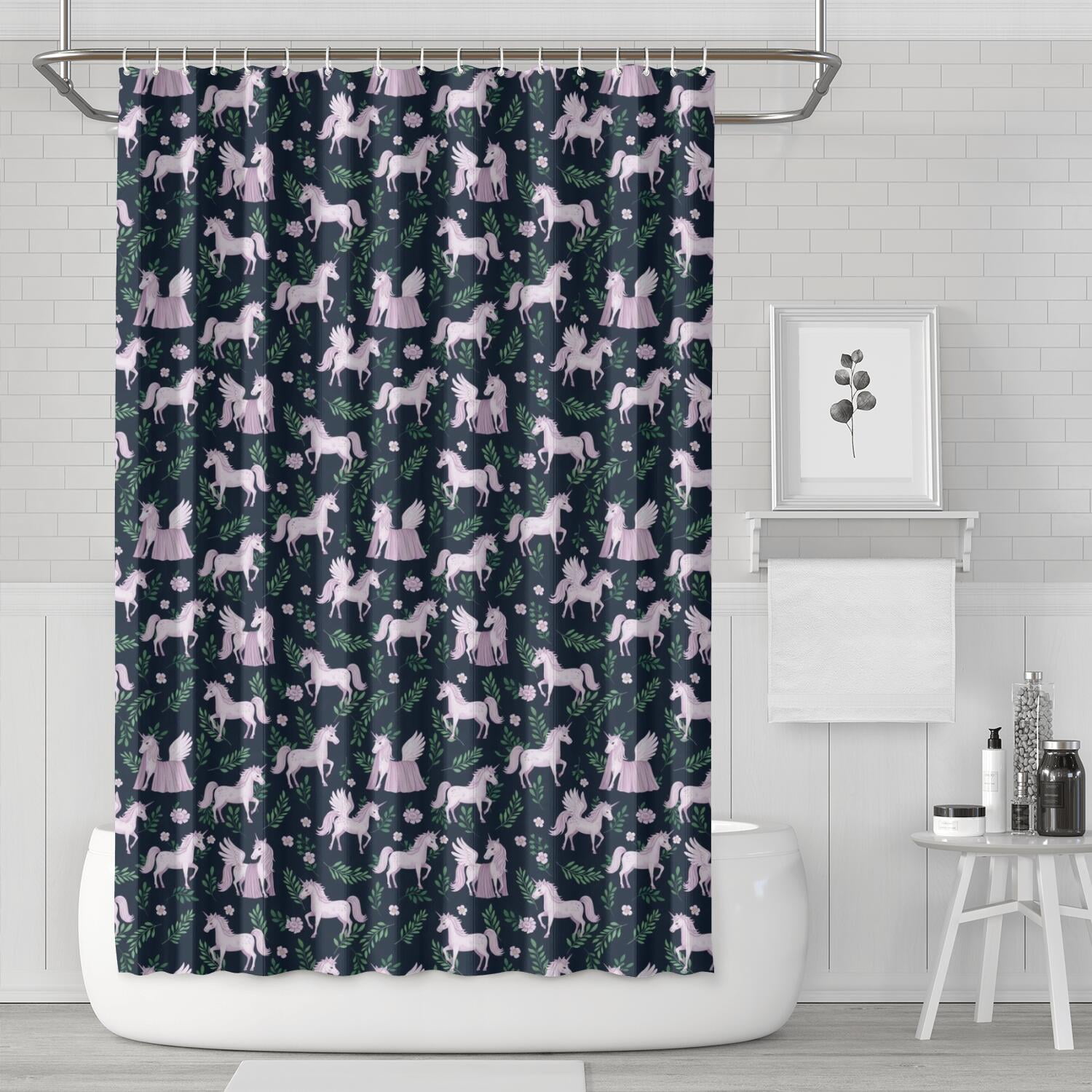 Dark Blue Cartoon Unicorn Leaf Pattern Shower Curtain 72"x72" ,Bathroom ...