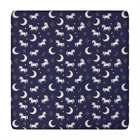 Dark Blue Cartoon Unicorn Moon Star Pattern Square Fitted Tablecloth with Elastic Edge,Square Table Cover,Washable Elastic Table Cover for Home Kitchen Party Decor 34"x34"
