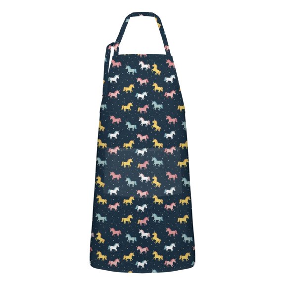Dark Blue Cartoon Unicorn Pattern Apron-Garden Aprons for Women with Pockets-Cotton Linen Waterproof Kitchen Cooking Gardening Aprons Adjustable for Kitchen,Cooking,BBQ and Salon 33x27 Inch