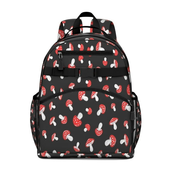 Red Mushroom Polka Dot Black Pattern Backpack for School,Cute School Bag,Schoolbag with Adjustable Shoulder Straps & Padded Back,15.25"x11.5"x5.25"