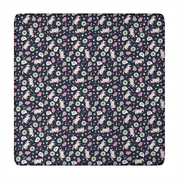 Dark Blue Cartoon Unicorn Pattern Square Fitted Tablecloth with Elastic Edge,Square Table Cover,Washable Elastic Table Cover for Home Kitchen Party Decor 34"x34"