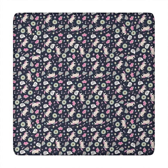 Dark Blue Cartoon Unicorn Pattern Square Fitted Tablecloth with Elastic Edge,Square Table Cover,Washable Elastic Table Cover for Home Kitchen Party Decor 34"x34"